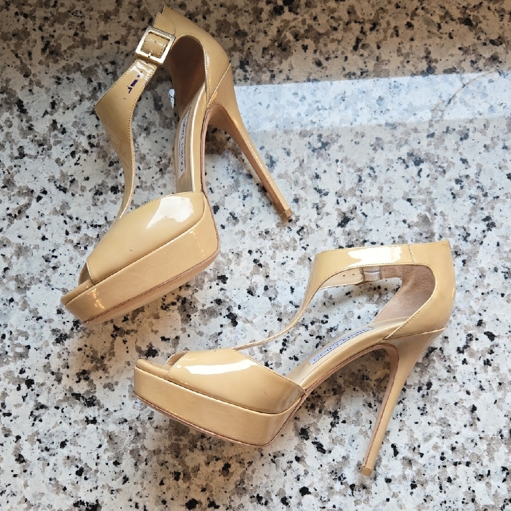 Jimmy Choo Patent Leather Totem T-Strap Platform Stilettos  EU Sz 38.5 - Picture 7 of 16